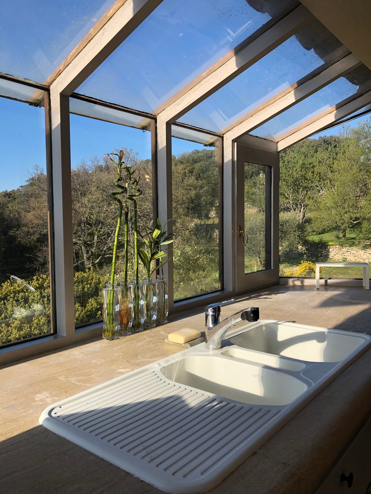 A well-lit kitchen features a double sink situated beneath large glass windows that showcase views of the surrounding greenery. Natural light floods the space, highlighting a countertop with minimalist decor, including a bar of soap and a few slender vases with green plants.