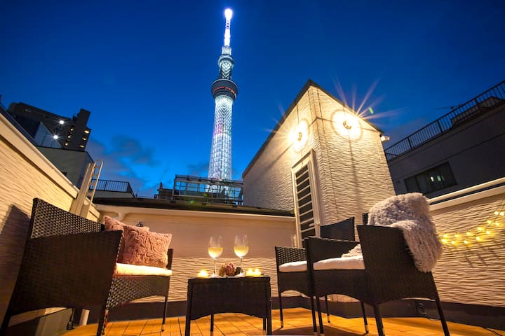 屋上からスカイツリー絶景/新築戸建/押上1分/Max12人/3LDK