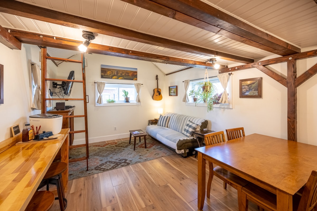 Just enough space to do everything you need to do.  Living room, dining room, kitchen, work space, bathroom, and lofted bedroom.  Beautifully thought out space.