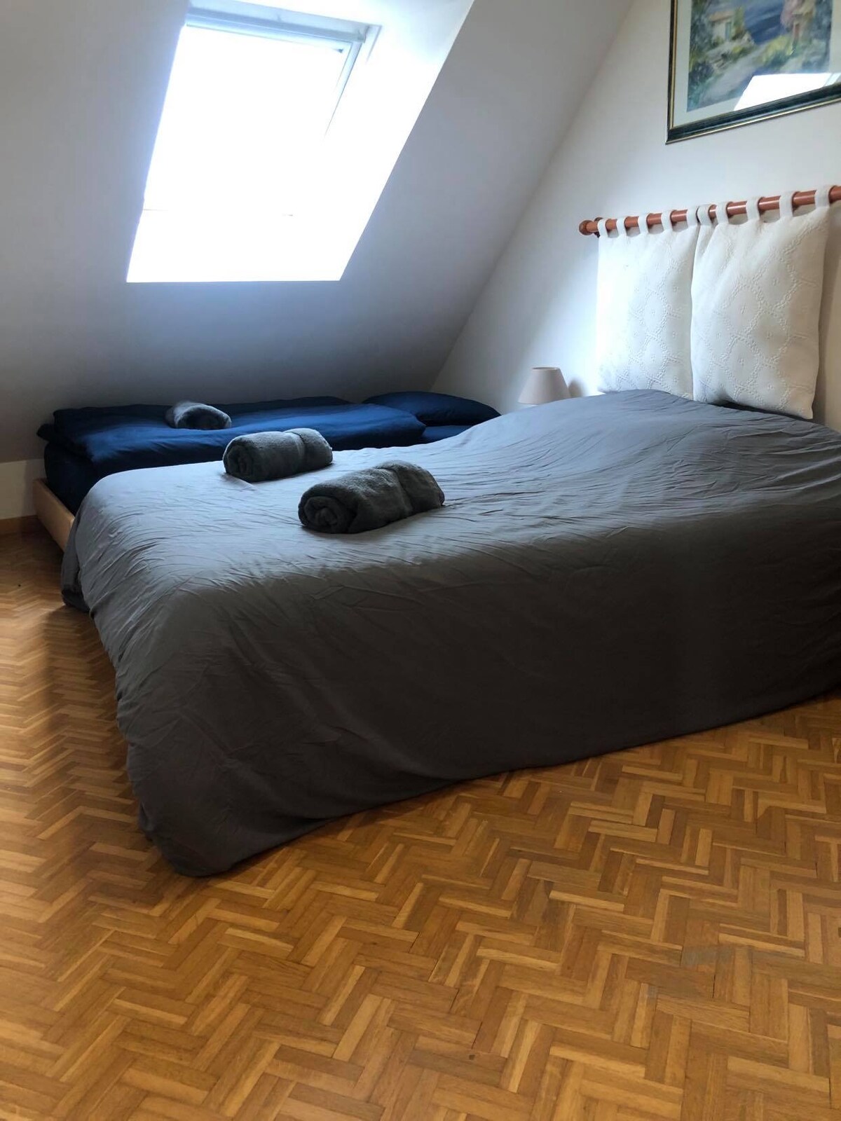 Upstairs bedroom with 140 double bed and single bed 