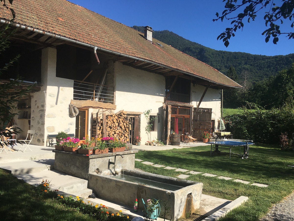 A rustic building features a large courtyard with a manicured lawn and flower beds. An old stone fountain is seen in the foreground, with stacked firewood nearby. A ping pong table is positioned on the grass, framed by lush greenery and mountains in the background.