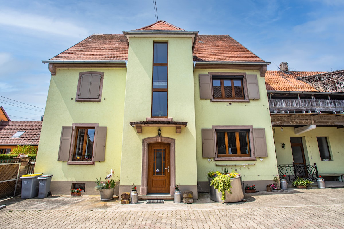 The exterior of a three-level, brightly colored house features a central entrance framed by large windows. Flanking the entrance are symmetrical shutters and planters. A mix of stone and color is seen throughout the facade, contributing to a welcoming appearance.