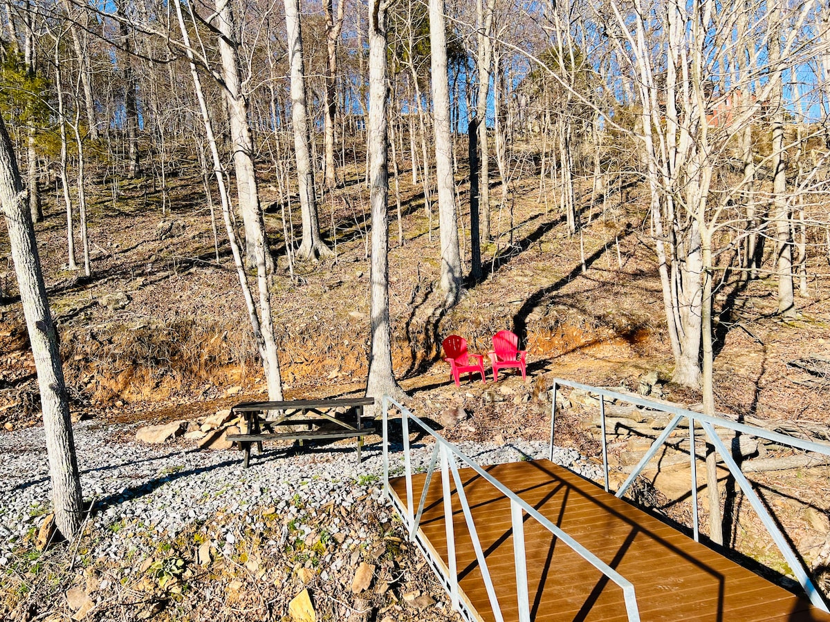 A wooden dock extends over gravelly terrain, leading to a peaceful lakeside area. Two bright red chairs are positioned invitingly nearby, surrounded by trees with thin trunks and minimal foliage, creating an open view of the serene landscape.