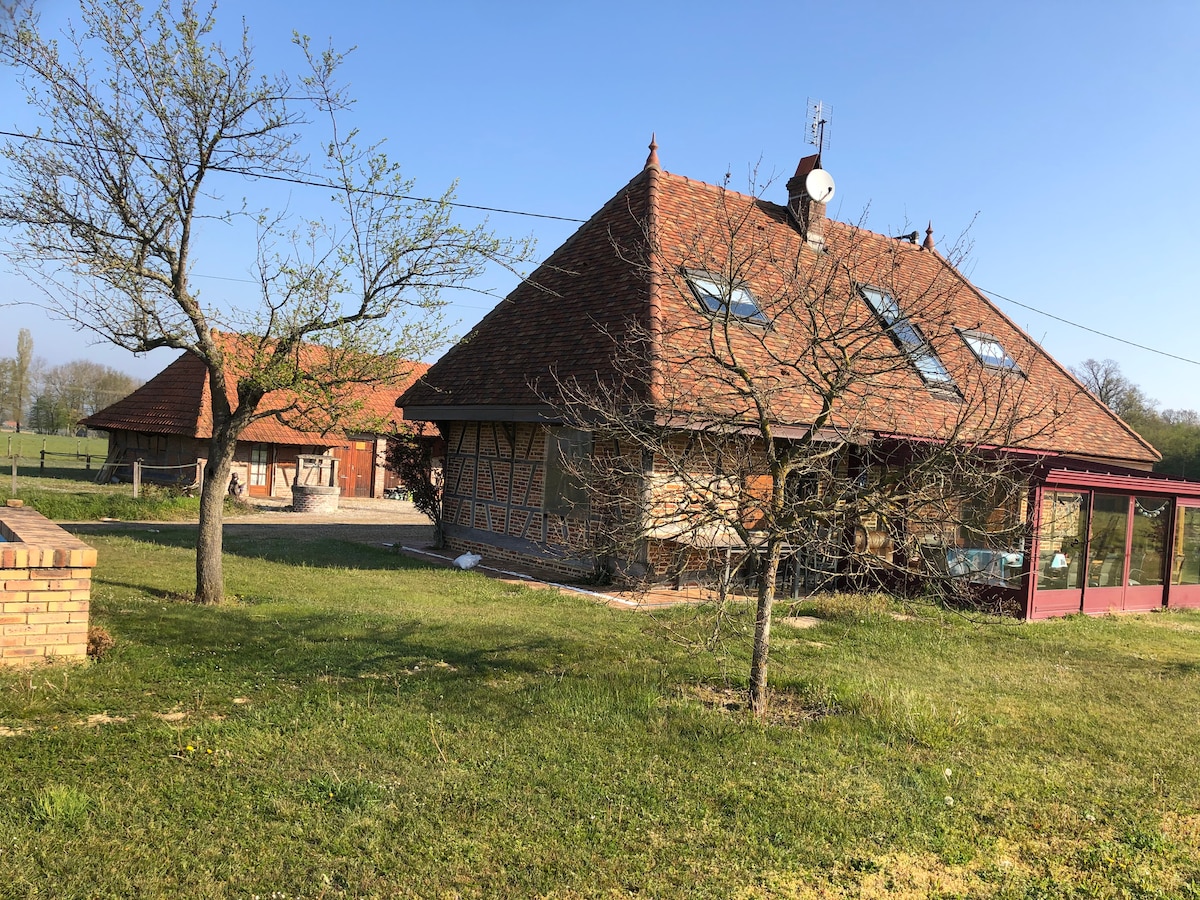 A charming countryside house is set against a clear blue sky, featuring a distinctive sloped roof and rustic exterior. Lush green grass surrounds the property, with several trees enhancing the natural beauty. A sunlit veranda is visible, providing a space for relaxation.