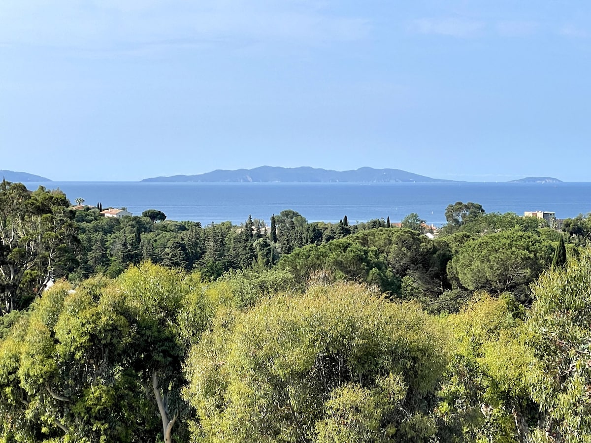 The coastline is showcased with a serene view of the sea and distant islands, surrounded by lush greenery. The landscape emphasizes the tranquil environment, providing a sense of peace and natural beauty.