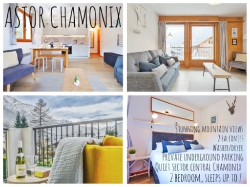 A modern living area is shown with a comfortable sofa and a dining table. The kitchen features sleek cabinetry and is equipped with essential appliances. Light floods through large glass doors leading to a balcony, offering views of the surrounding mountains.