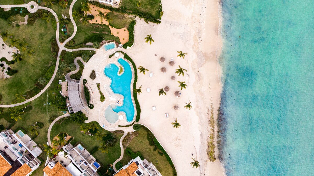 An aerial view reveals a serene beachfront location, featuring a large swimming pool with a curved shape surrounded by lounge chairs and palm trees. The sandy beach extends along the turquoise Caribbean Sea, highlighting the inviting outdoor space for relaxation and leisure.