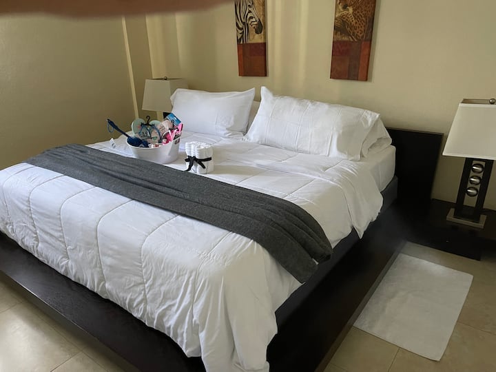 One king sized bed, Smart TV cable, blackout shades, and walk-in closet. (Habitacion con 1 cama matrimonial mas un TV inteligente con servicio decable incluido.) 