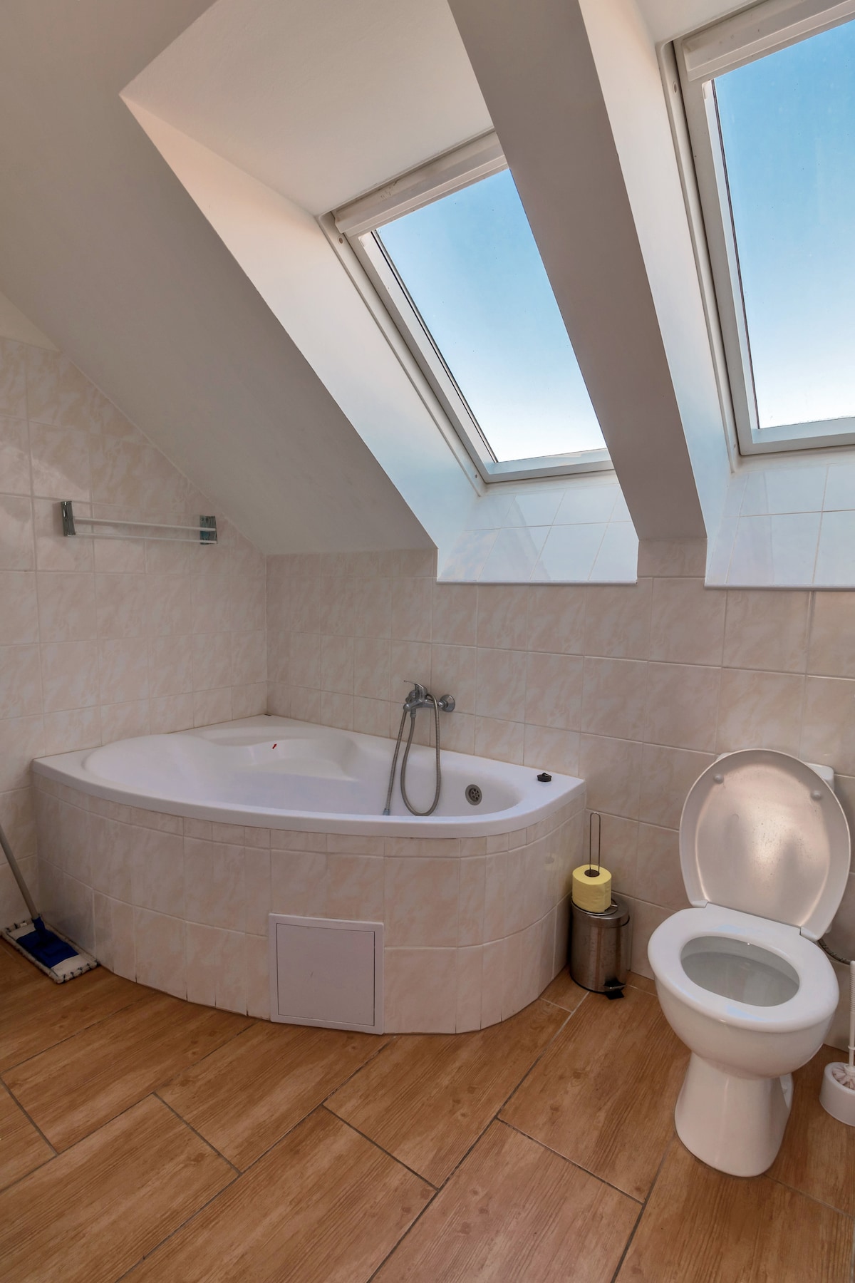 A compact bathroom features a curved bathtub positioned under angled skylights. Light enters through the windows, illuminating the beige tiled walls and wooden floor. A toilet is positioned nearby, with toiletries stored discreetly to one side.
