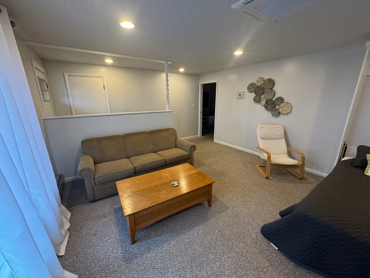 Kombinoje ambientin e ndenjjes / fjetjes /dhomës së përparme në anën e përparme të shtëpisë. Dera e zonës kryesore të ndenjjes mund të shihet në sfond. Në këtë dhomë ka një televizor, divan dopio "queen" dhe një krevat dopio "queen".