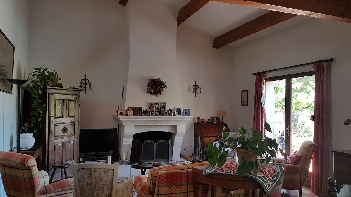 The living area features a cozy seating arrangement with comfortable armchairs and a sofa, complemented by wooden beams overhead. A decorative fireplace serves as a focal point. Large glass doors allow natural light to fill the space, leading to the garden.