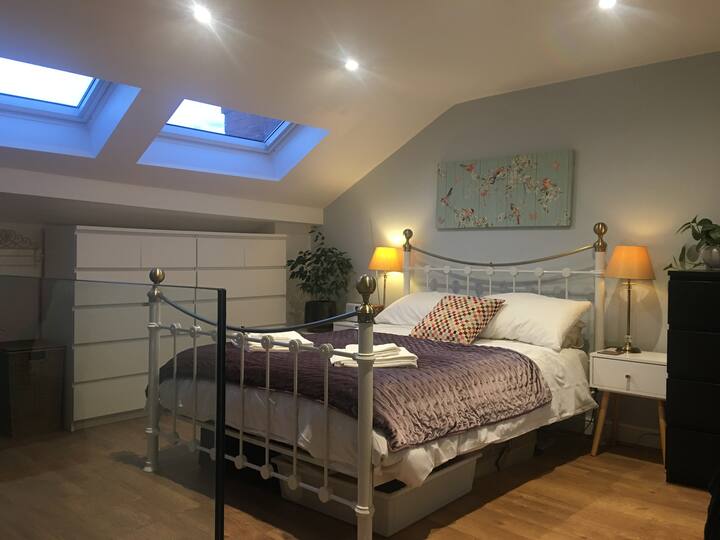 El dormitorio principal con cama matrimonial y tragaluces. A la derecha está el mismo espacio de nuevo lleno de armario con espejo de 3 gabinetes, cómoda y un espacio de trabajo con escritorio, silla de escritorio y planta de sombrilla alta para proporcionar la calma. 