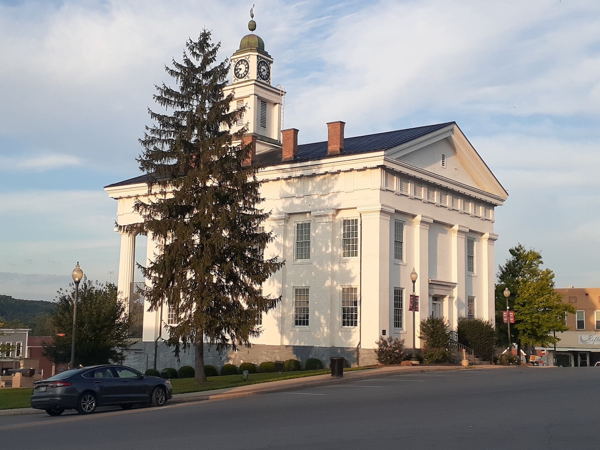 The historic courthouse building features a classic façade, highlighted by large windows and a prominent clock tower. Surrounding greenery includes a tall evergreen tree, and streetlamps line the walkway. The structure is positioned on a slight hill, showcasing its architectural details against a soft, cloudy sky.