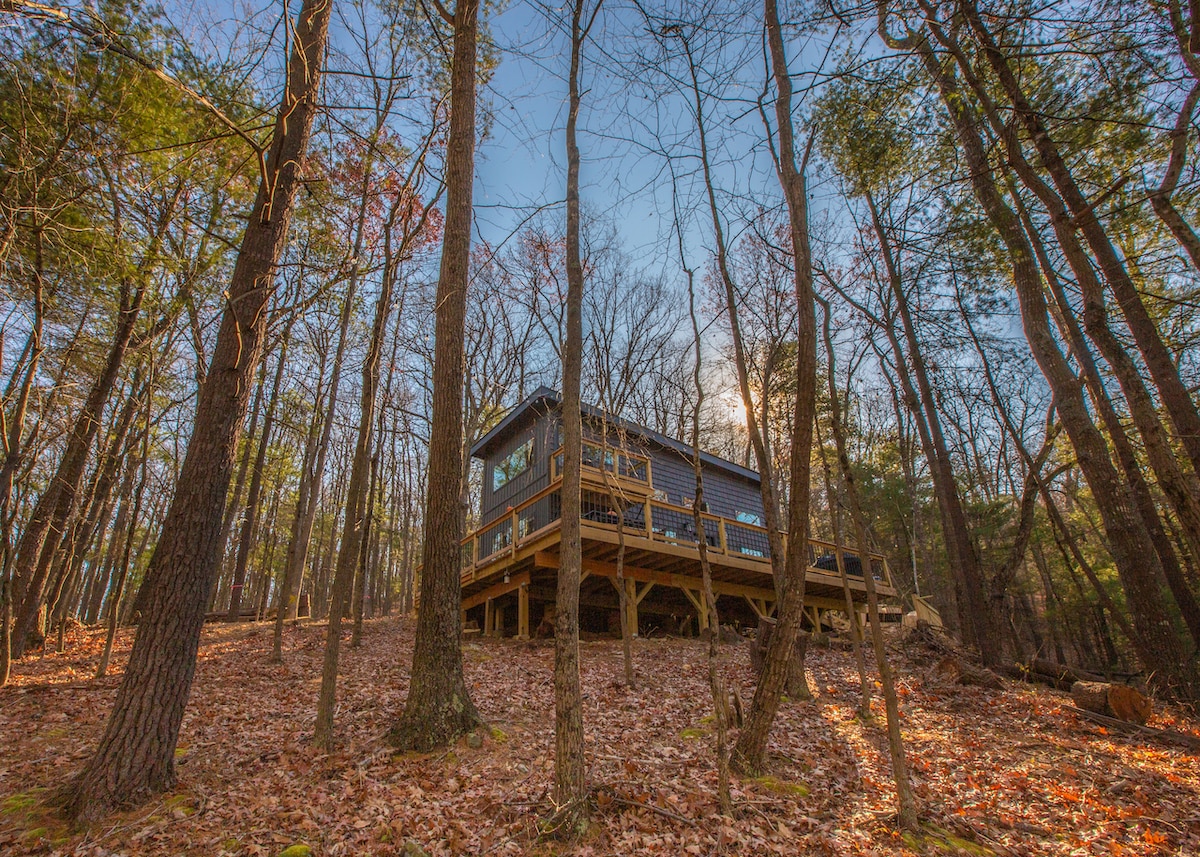 A charming two-floor home sits elevated among tall trees, surrounded by a carpet of fallen leaves. Natural sunlight filters through the branches, creating a serene atmosphere. The home's wooden deck extends outwards, inviting relaxation while nestled in the tranquility of the forest.