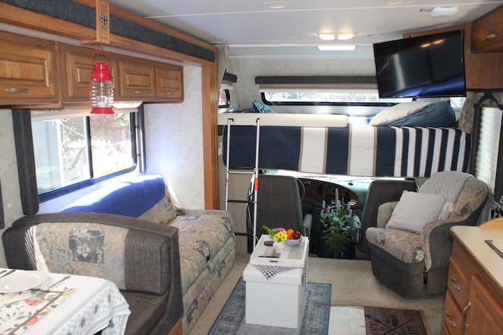 Da sinistra: la dinette si trasforma in un letto singolo, il divano in un letto doppio, il letto a castello è più grande di un re e ha la sua tv (non visibile in questa foto)