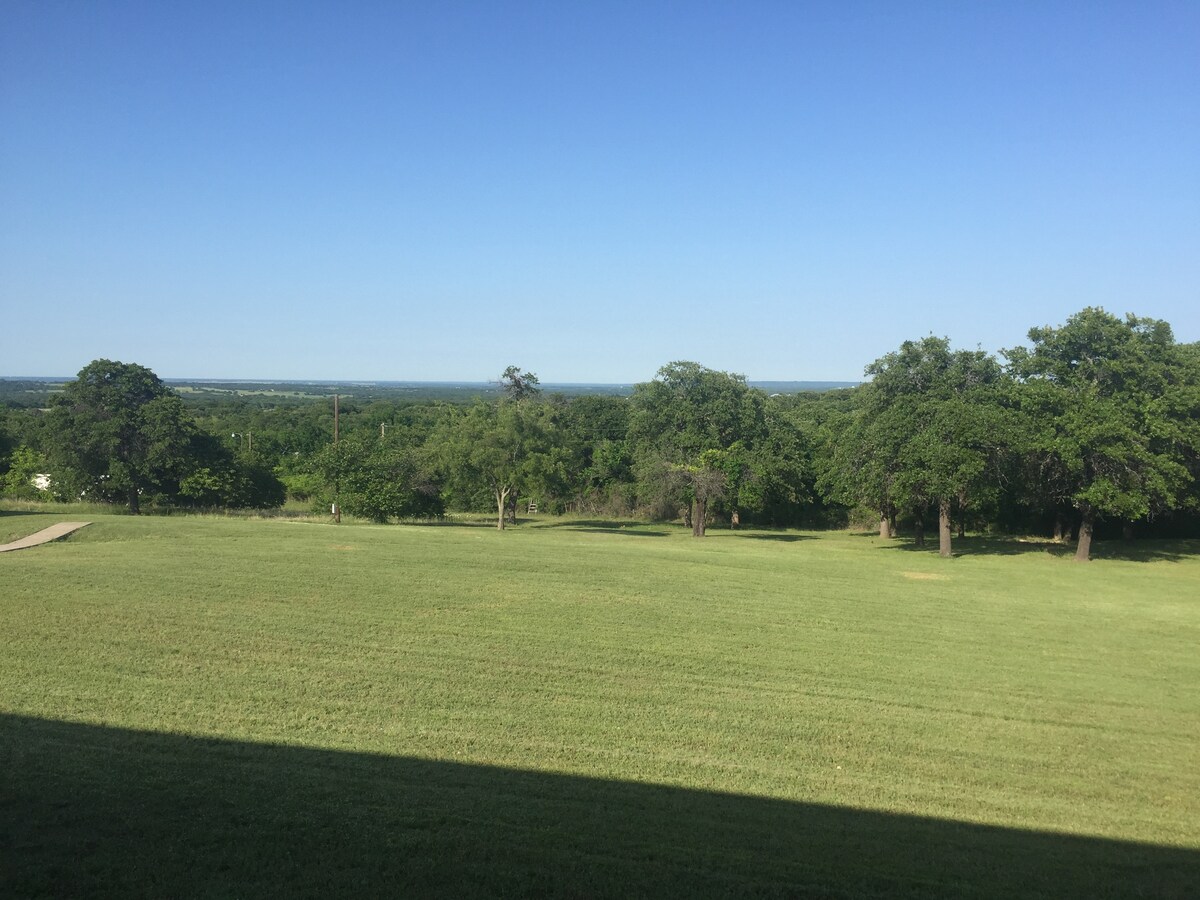 A vast green landscape stretches under a clear blue sky, featuring a well-maintained grassy field and several trees dotting the view. The open area provides ample space for outdoor activities and exploration.