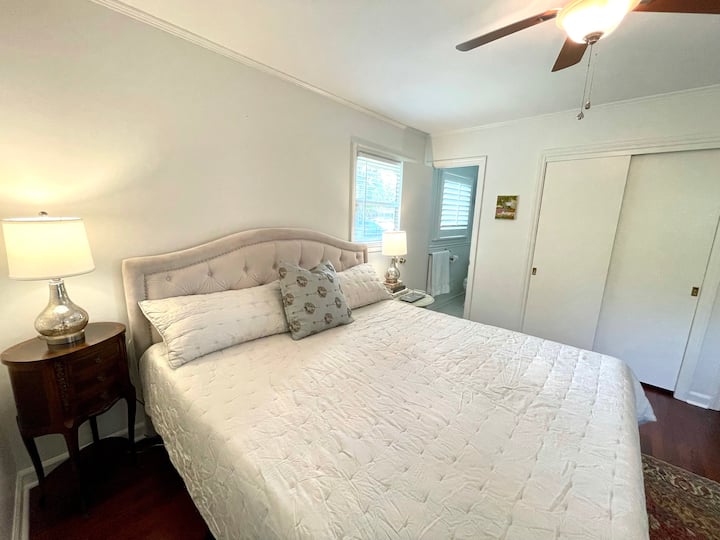 Bedroom 1: 
King bed with a private en suite  shower/sink/toilet. Large closet with clothing storage. 