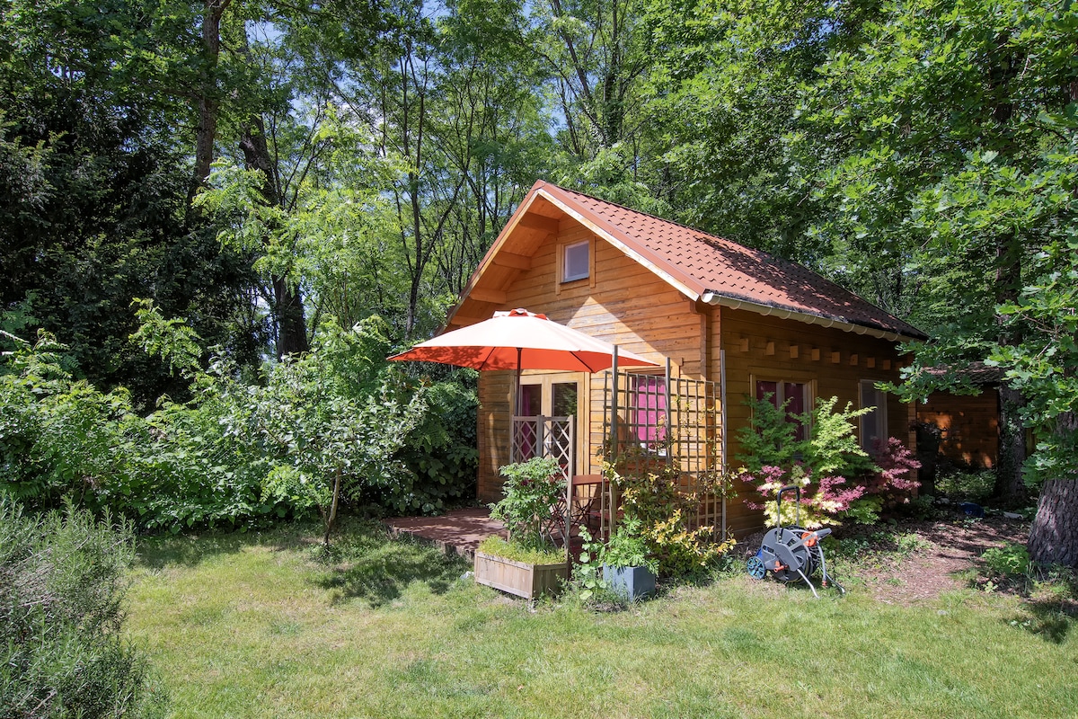 A charming chalet is nestled among trees, featuring a sloped roof and wooden exterior. A patio area is shaded by an umbrella, surrounded by greenery and plants. The surrounding open space offers a tranquil atmosphere, ideal for enjoying nature.