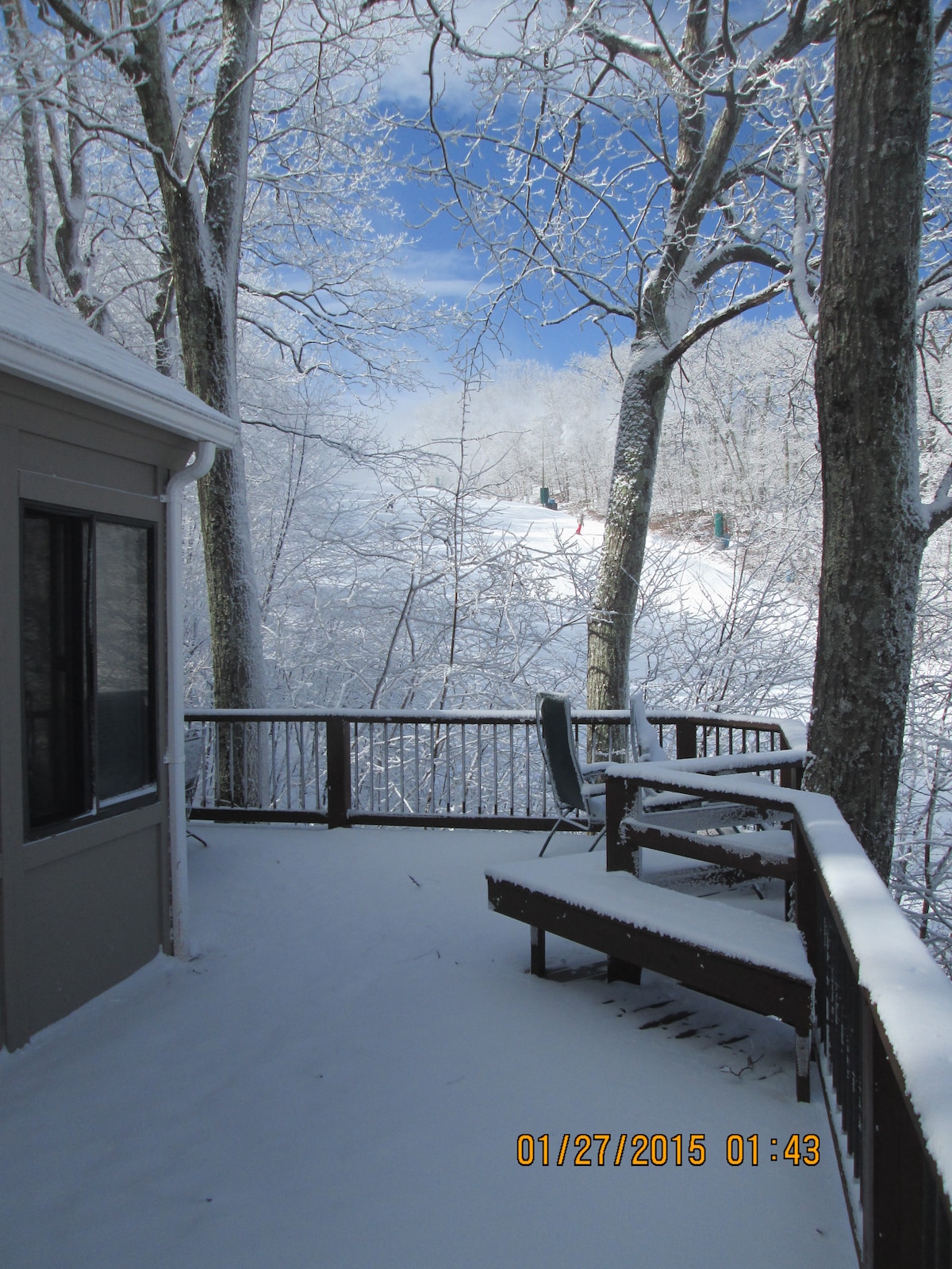 A snow-covered deck extends into a winter landscape, flanked by tall trees blanketed in white. A single chair and a bench are positioned along the railing, providing a serene view of the snow-laden surroundings and distant slopes.