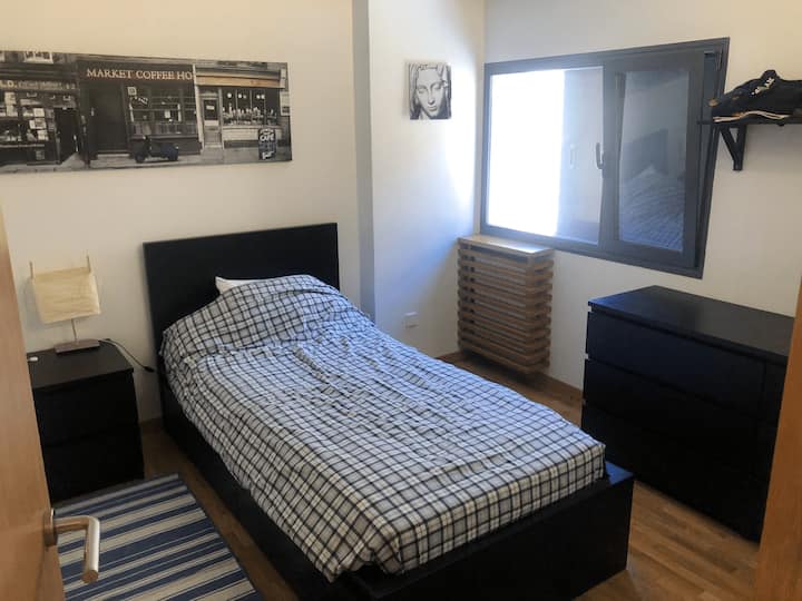 The single bedroom has a bed for one person. Additionally, a folding bed can be requested in this bedroom. This room has its own closet.