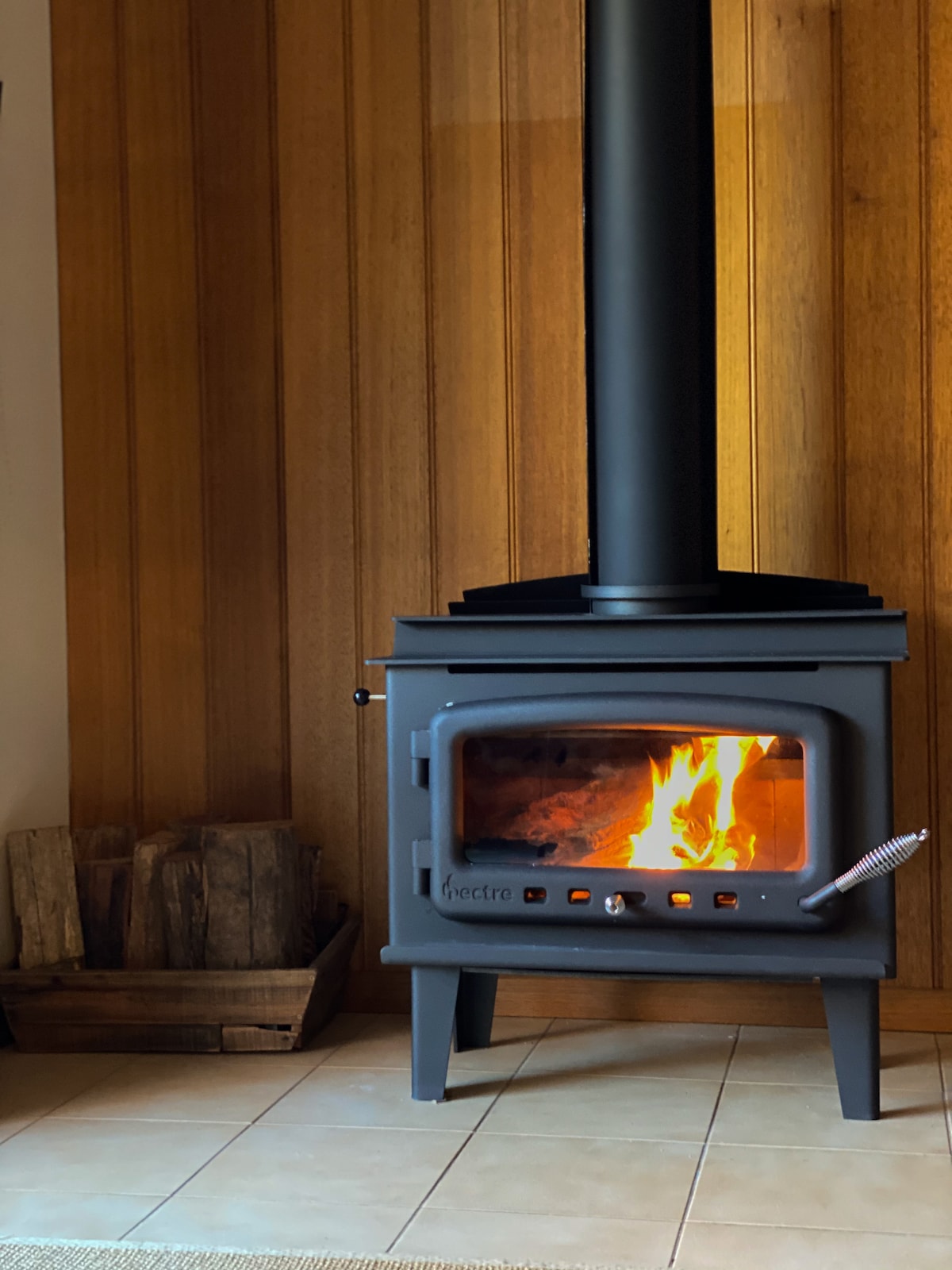 An inviting wood fire stove emits a warm glow, its flames dancing gracefully behind glass doors. The stove is positioned against a wall with natural wood paneling, complemented by a stacked wood log holder nearby. The neutral floor tiles provide a cozy contrast.