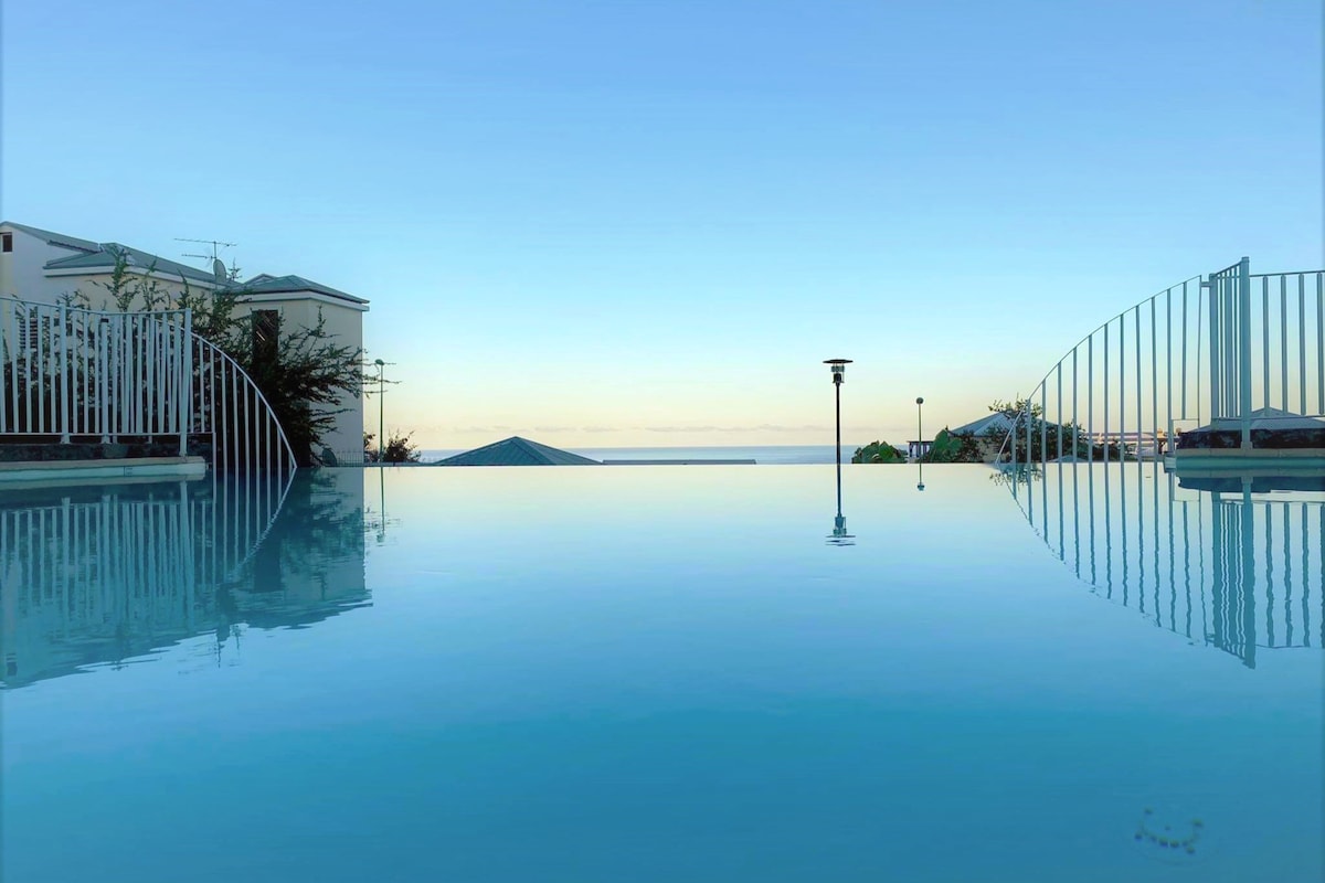An infinity pool is visible, reflecting the clear blue sky and horizon. Surrounding greenery can be seen, along with modern fencing. The serene atmosphere is enhanced by the tranquil water surface, offering a view of the distant landscape.