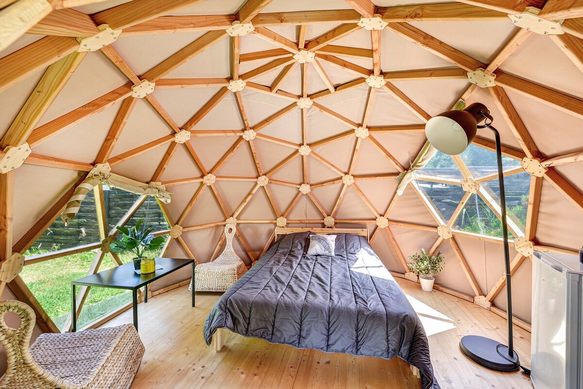 The interior of a wooden dome features a spacious bed with a dark coverlet positioned against large windows, allowing natural light to fill the area. A small table and two woven chairs provide seating, while a plant adds a touch of greenery.
