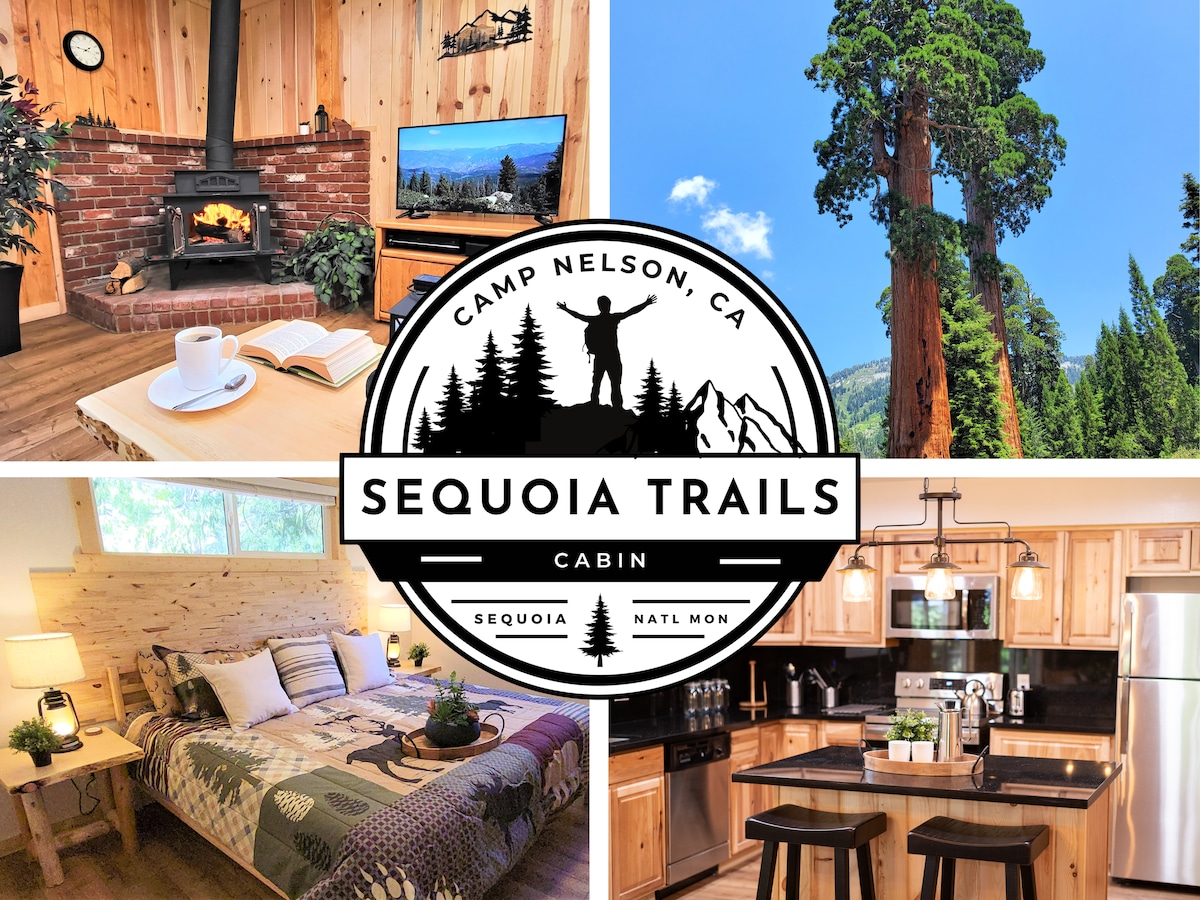 The image features a cozy cabin living area with modern furnishings, a warm wood-burning stove, and a large Roku TV. A spacious dining area and a well-equipped kitchen with sleek appliances are also visible. The rustic charm of wood paneling enhances the inviting atmosphere.