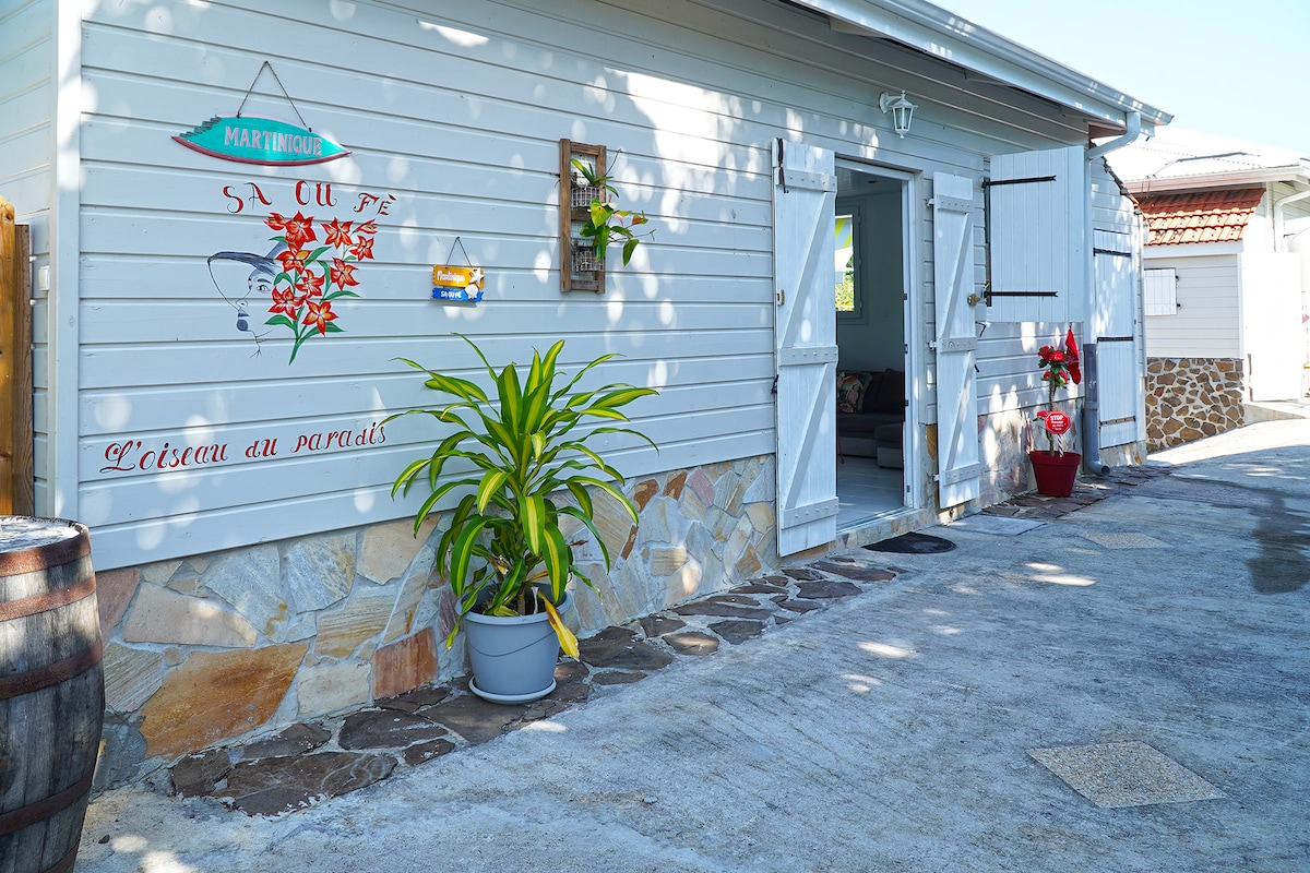 The exterior of the apartment is displayed with a natural stone foundation and wooden siding. A tropical plant in a pot is positioned by the entrance. Decorative elements, including signage and flowers, contribute to the welcoming feel of the space.