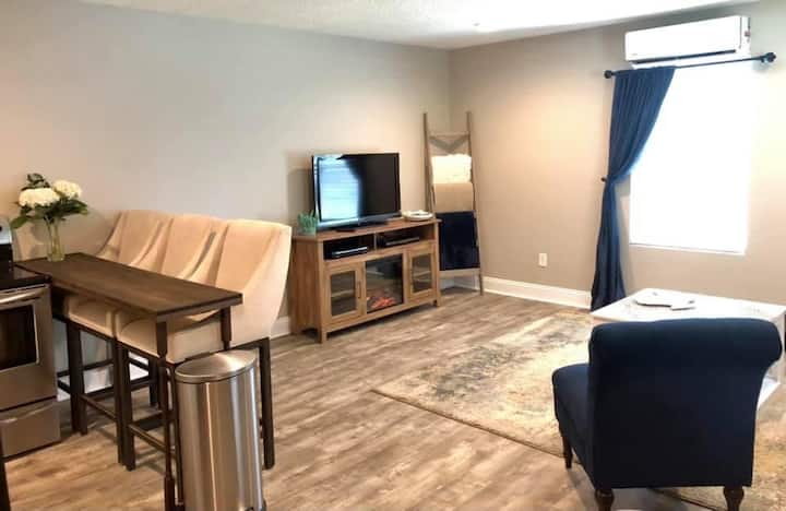 Living room, including sleeper sofa, satellite tv and full kitchen including, waffle iron, blender, toaster, coffee pot.