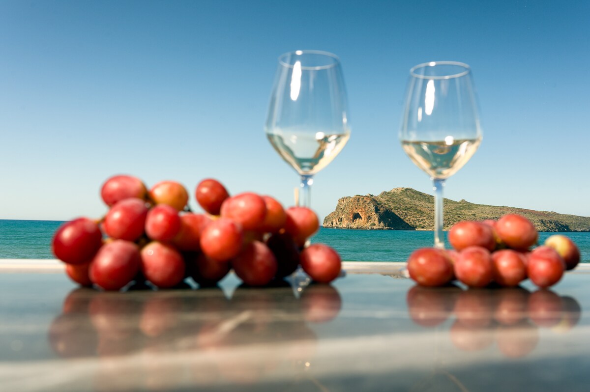 Two glasses of white wine are positioned beside clusters of grapes on a surface overlooking a tranquil ocean view. Gentle waves sparkle in the distance, and a rocky island silhouette is visible against the clear blue sky.
