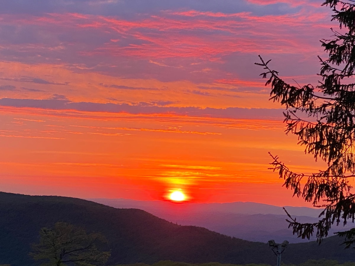 A vibrant sunset displays a gradient of orange, pink, and purple hues over distant mountains. The sun sets gently on the horizon, with silhouettes of trees framing the scene, creating a serene and picturesque view.