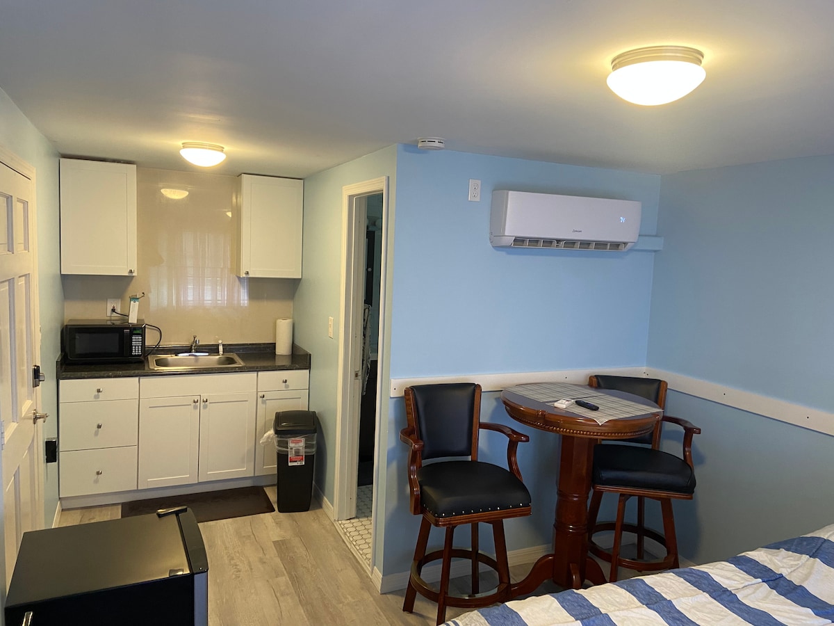 A newly remodeled studio features a kitchenette with white cabinets and a small microwave. Two dark wood chairs are positioned around a circular table, and a small refrigerator is visible on the floor. A wall-mounted air conditioning unit is installed above the kitchenette.