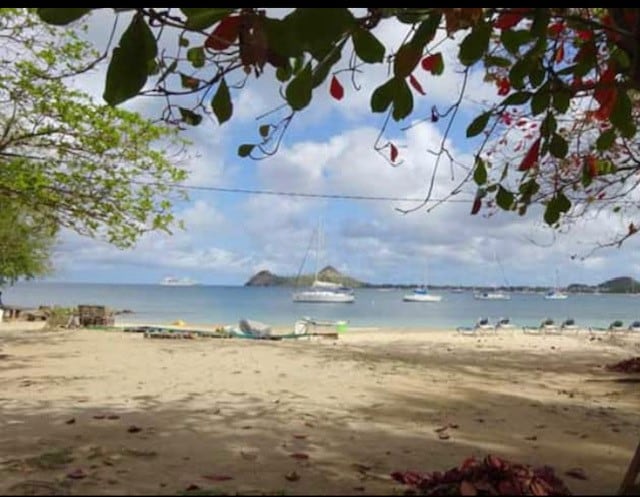 A sandy beach view is framed by vibrant green foliage. Calm waters are dotted with sailboats, while distant hills provide a scenic backdrop. The sky features scattered clouds, allowing sunlight to illuminate the serene landscape.