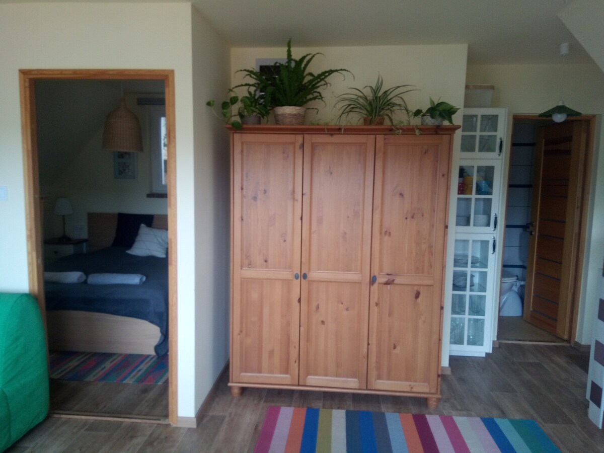 החיבור לסלון הוא חדר השינה וחדר הרחצה. ארון גדול יכול להכיל בנוחות את המזוודות שלכם. תמצאו גם מתלה ייבוש שניתן לפתוח בארון. 