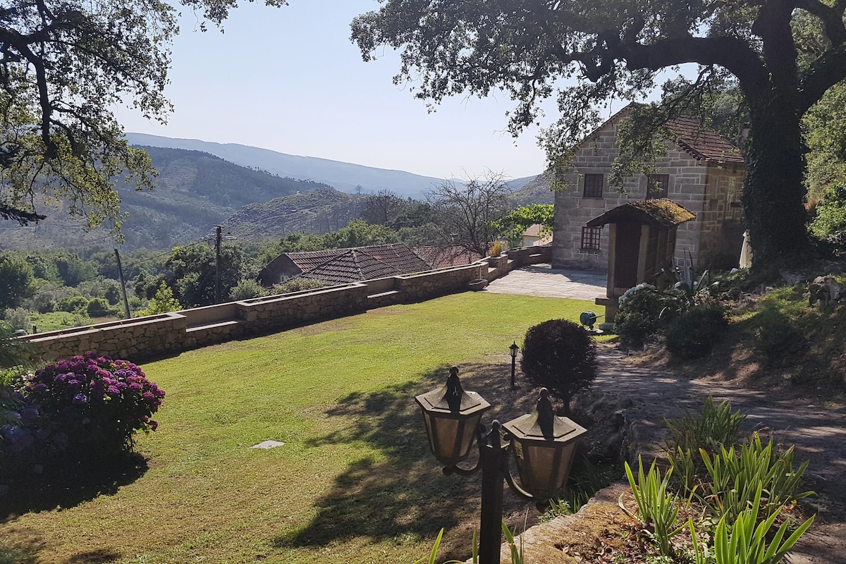 The expansive garden features lush green grass, vibrant flowers, and a stone wall that complements the rustic house. A panoramic view of the surrounding mountains is visible, framed by tall trees under a clear sky, inviting peaceful outdoor relaxation.