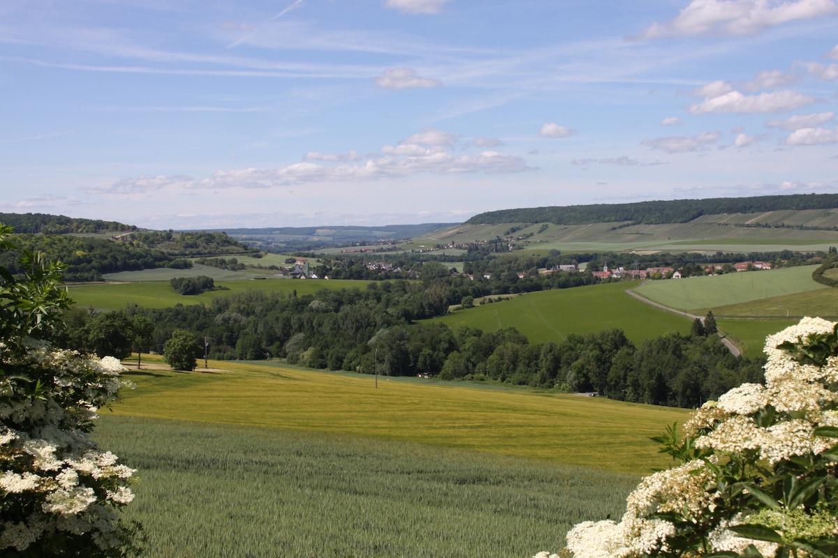 A panoramic view of rolling green hills and fields stretches across the landscape. Small villages and patches of forest can be seen in the distance, with blue skies dotted with clouds enhancing the serene countryside setting.