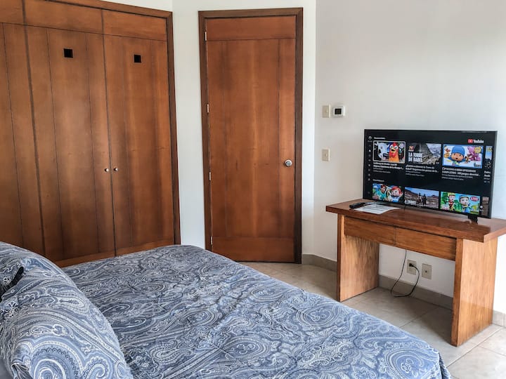 Главна спална соба со приватна бања. Плакари и екран за емитување