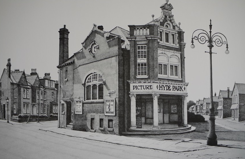 A black and white drawing depicts a historic building labeled 'Hyde Park Picture House,' showcasing architectural details such as arched windows and ornate signage. Nearby, street lamps stand alongside a quiet road, while a row of traditional houses is visible in the background.