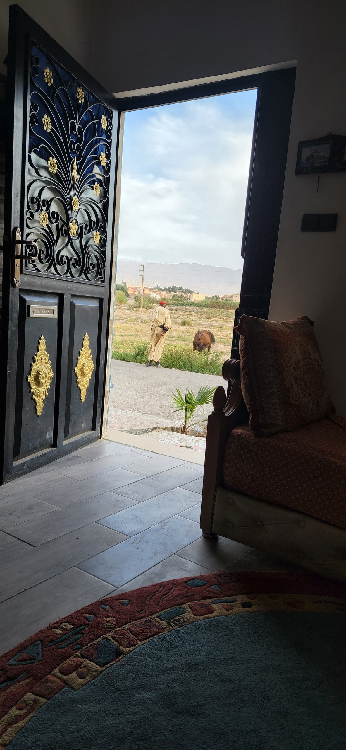 A beautifully crafted door with intricate metalwork is shown ajar, framing a view of a farmer and a cow in the distance. A cozy sitting area is visible, featuring an ornate couch and a vibrant circular rug that complements the warm tones of the interior.