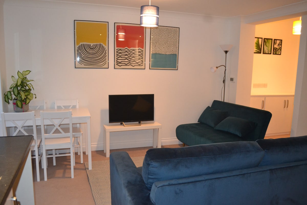 The living area showcases a blue sofa and a white dining table with four chairs. A television stands on a white console, while framed artwork adorns the walls. Soft lighting is provided by a floor lamp and pendant light, creating a comfortable space.
