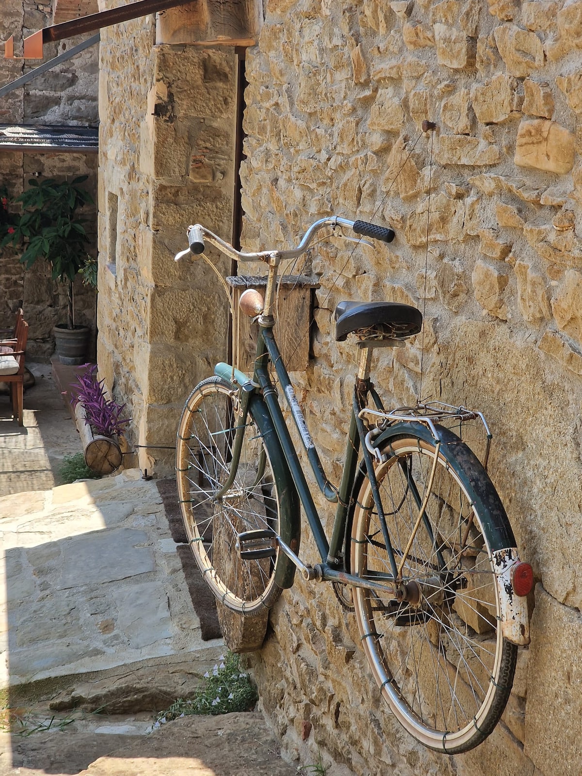 A vintage bicycle is mounted on a rustic stone wall, reflecting a charming blend of old-world aesthetics. The bicycle features a classic frame and a black seat, positioned in an outdoor area that showcases natural textures and subtle earth tones.