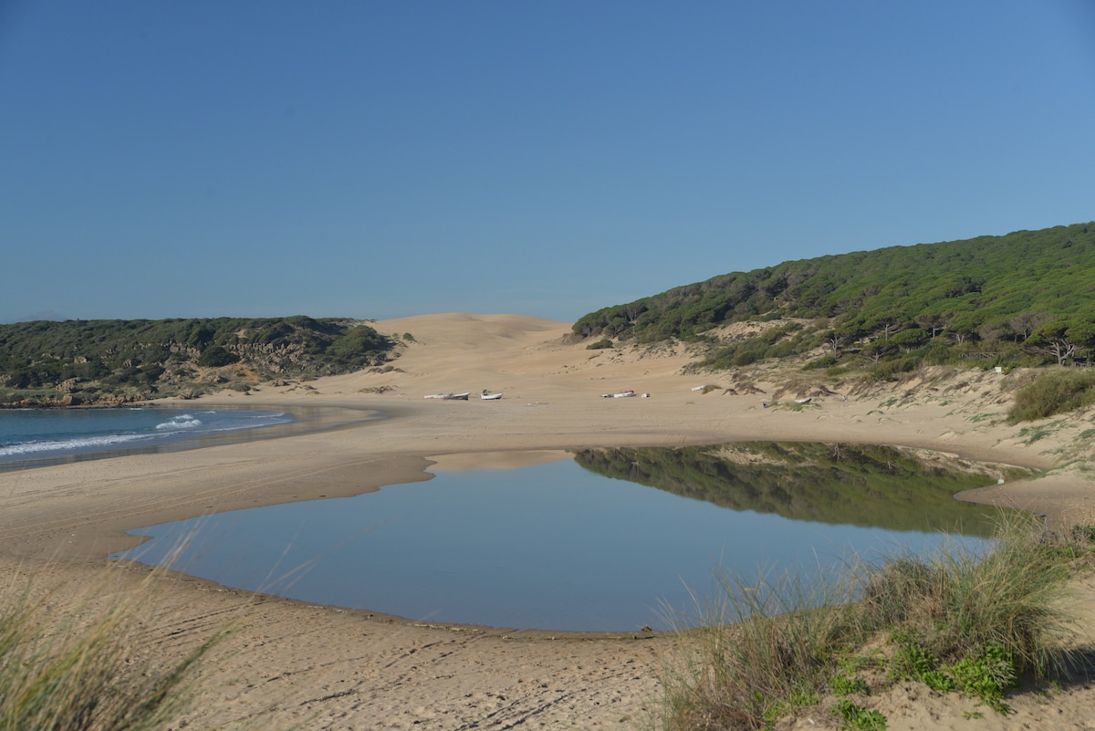 A serene beach scene features soft sand in the foreground, reflecting a calm tidal pool. Dunes rise gently in the background, flanked by green hills. The bright blue sky enhances the tranquil atmosphere, creating a peaceful coastal landscape.