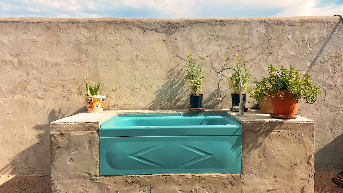 A small turquoise dipping pool is embedded in a rustic concrete setting. Potted plants, with green foliage and vibrant flowers, are placed on a ledge beside the pool, adding a touch of nature to the serene outdoor space.