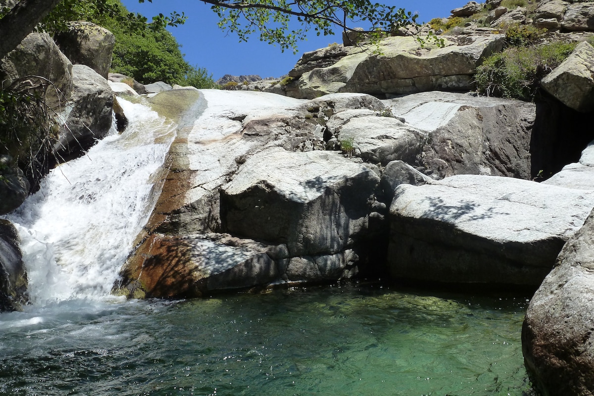 A rocky landscape features a gentle cascade of water flowing over smooth stones, leading into a clear pool. Surrounding greenery and trees provide shade, enhancing the serene natural setting. The water reflects light, creating a tranquil atmosphere ideal for relaxation.