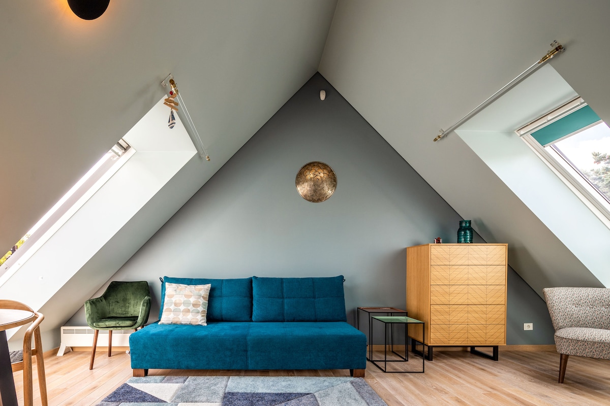 A spacious living area features a teal sofa set against a sloped grey wall. A geometric rug complements the floor, while light enters through two angled skylights. A wooden cabinet and a green armchair complete the decor, creating a cozy and functional space.