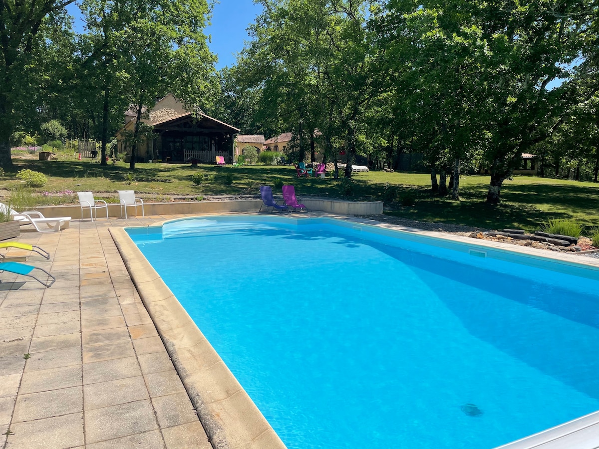 A clear pool is situated amidst lush greenery, surrounded by a spacious patio area. Lounge chairs in various colors are positioned for relaxation. In the background, shaded trees and additional seating can be seen, complementing the tranquil outdoor space.
