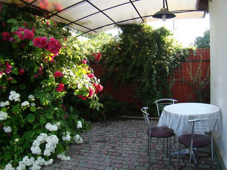 An outdoor patio area is bordered by lush greenery and colorful flowering plants. A round table with two chairs is situated on a paved surface under a translucent canopy. The vibrant blooms create a natural, inviting setting.