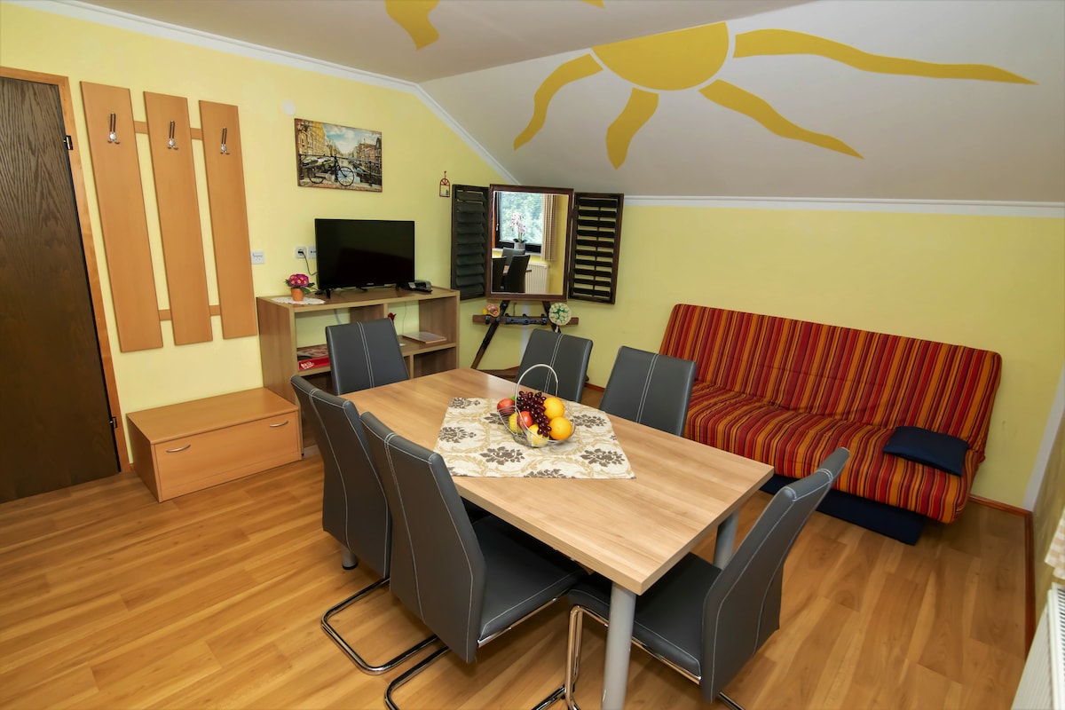 A spacious dining area features a wooden table surrounded by six sleek chairs. A colorful striped sofa complements the sun-themed ceiling design. A television is mounted on the wall, and a mirror reflects the light from nearby windows, adding to the inviting atmosphere.