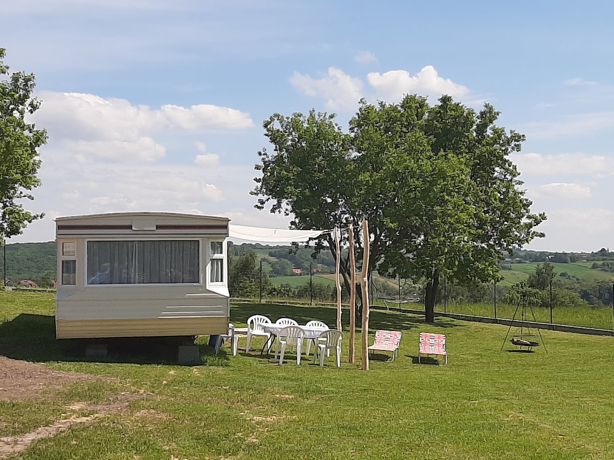 A mobile home is set on a grassy area, surrounded by trees and open fields. A seating arrangement of white chairs is positioned nearby, alongside two lounge chairs. A swing hangs from a sturdy tree, offering a serene view of the landscape.